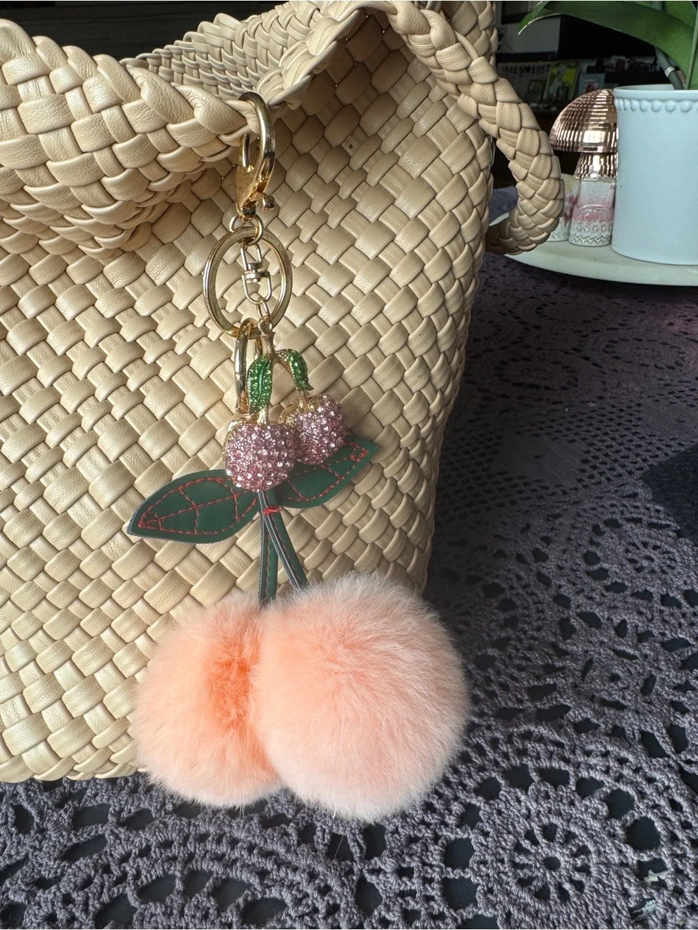 Cherry Pom Pom Bag Charm Keychain Pink Faux Fur Rhinestone 🍒